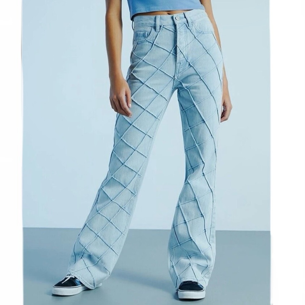 PacSun Women's Light Blue Pintuck High Waisted  Bootcut Jeans Flare Retro